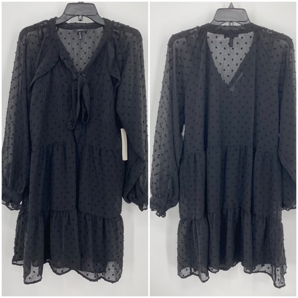 Aqua NWT Ruffle Clip Dot Mini Dress Pussy Bow Bishop Sleeves V Neck Black New - Picture 3 of 13